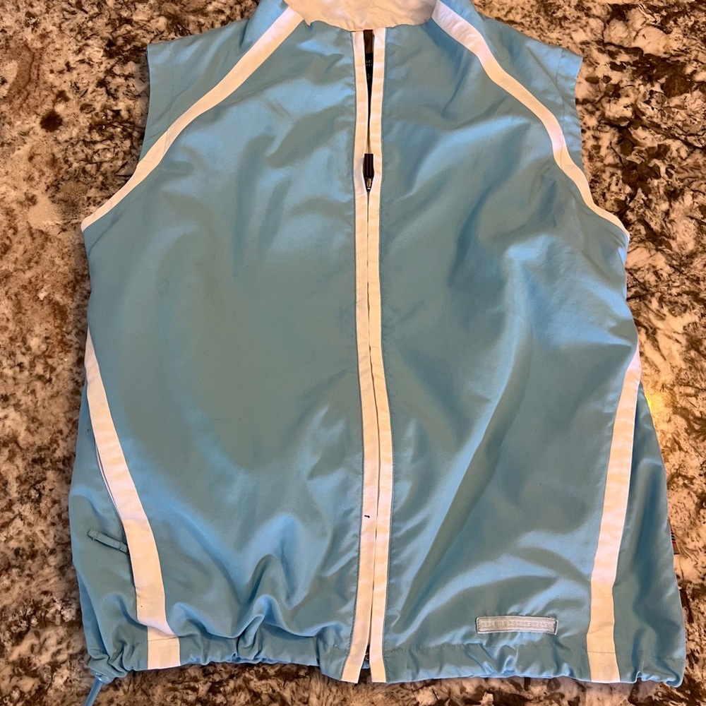 XS Burberry Womens Golf Vest Full Zip Blue Logo Signature Print Pockets Sports